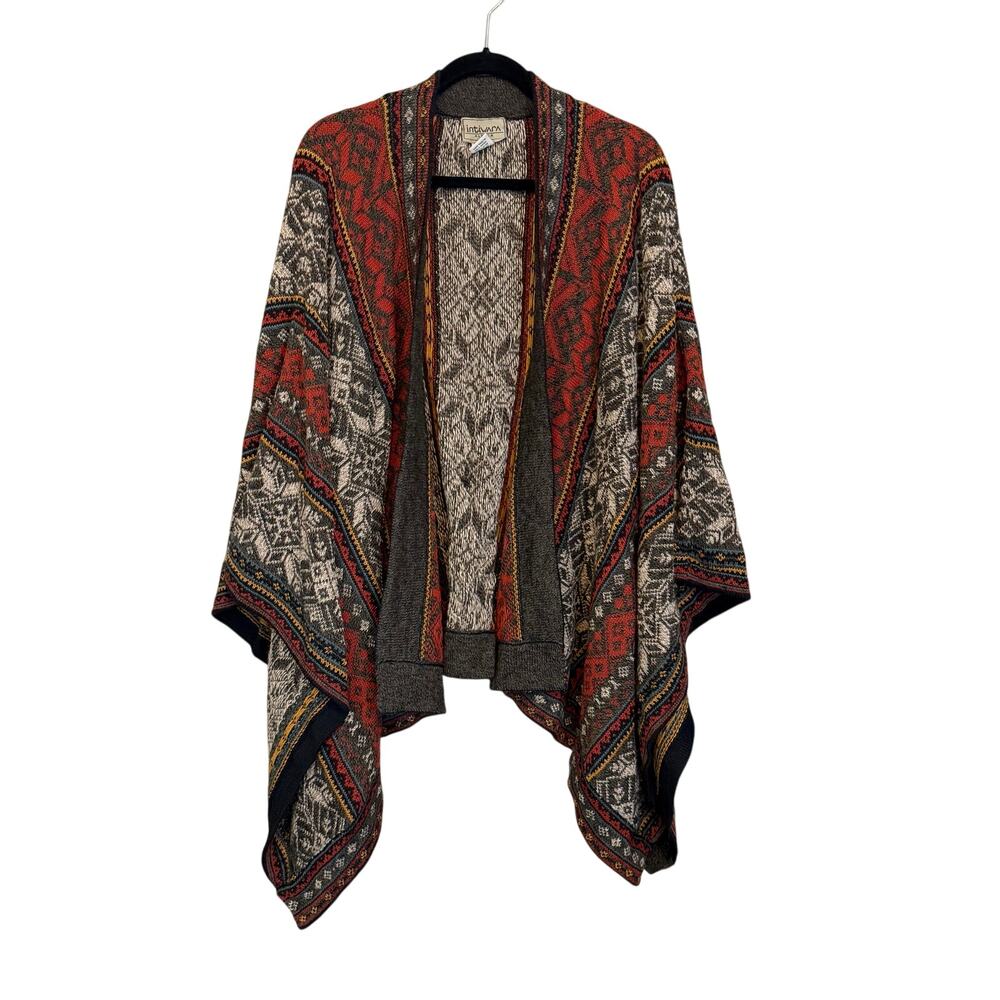 Intiwara Poncho Cape 100% Alpaca Wool Brown Knit Boho Aztec Geometric Cabincore